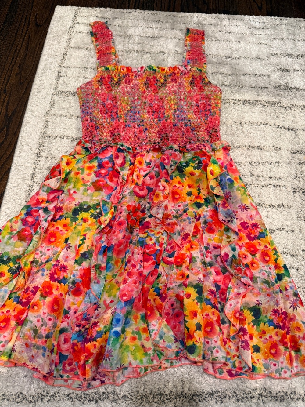 Alice + Olivia Bright Floral Ruffle Sundress in Pink, Yellow, Green